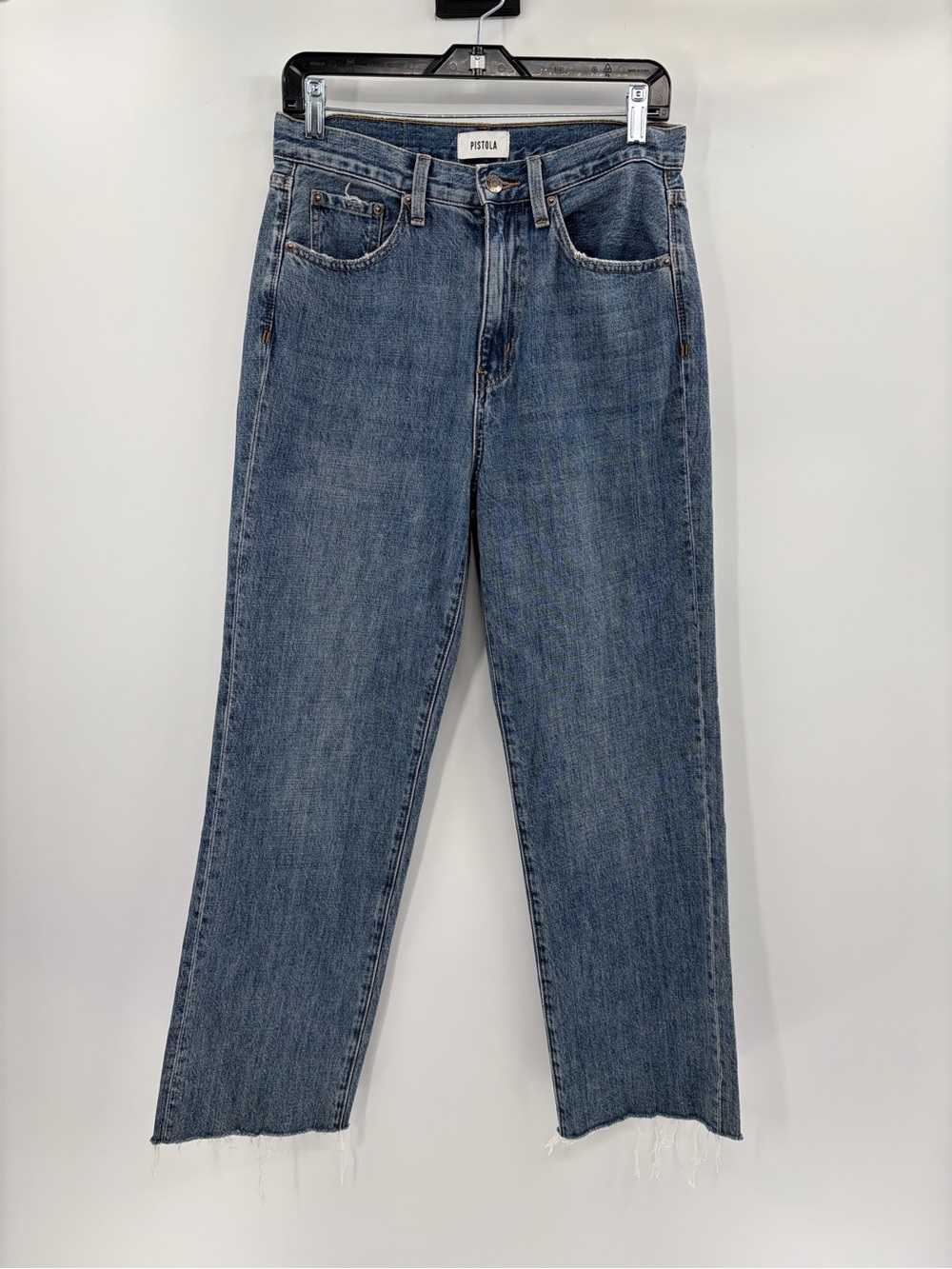 Pistola women’s revolve blue straight leg baggy Cassie Raw hem jeans size 28